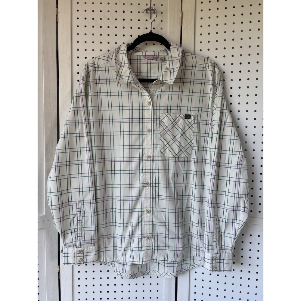 LL Bean Button Down Shirt Plaid Women's XL Roll Tab SLV Outdoor Hiking‎ Ivory